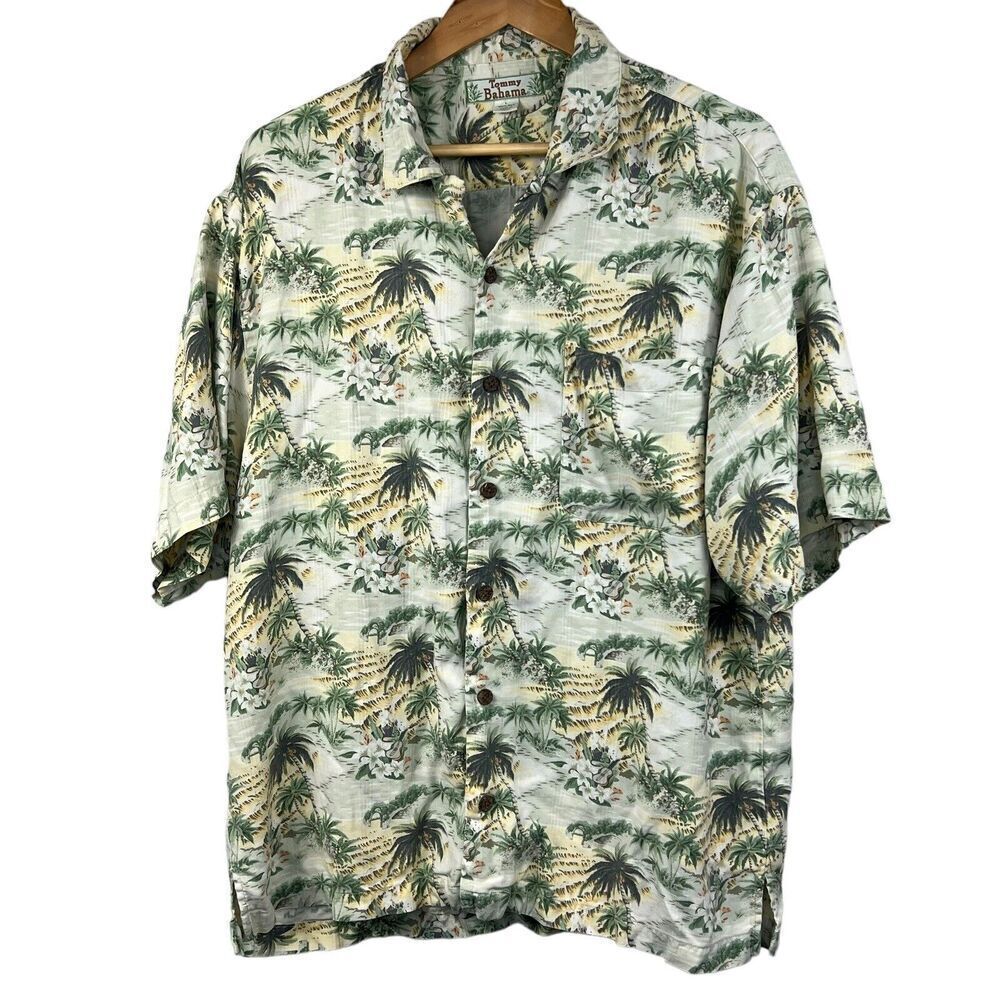 Tommy Bahama Vintage 100% Silk Hawaiian Shirt L Floral Aloha Palm Tree